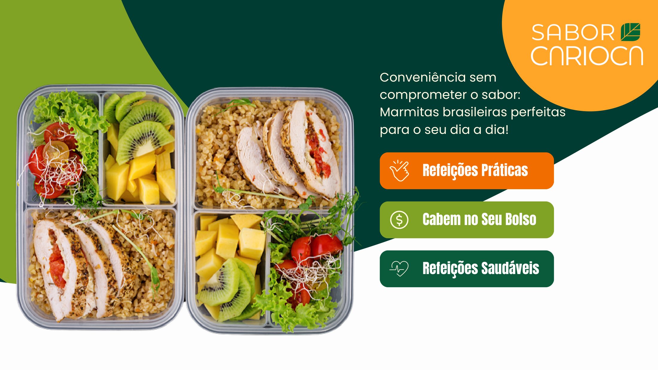 Peça de rede social com marmitas, os selos Refeições Práticas, Cabem no Seu Bolso e Refeições Saudáveis