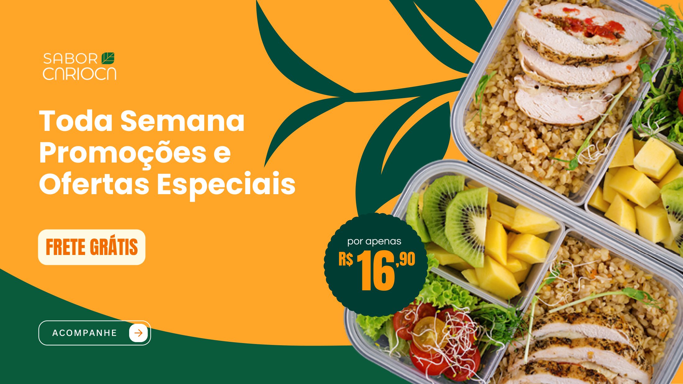 Peça de oferta com marmitas e o selo Frete grátis
