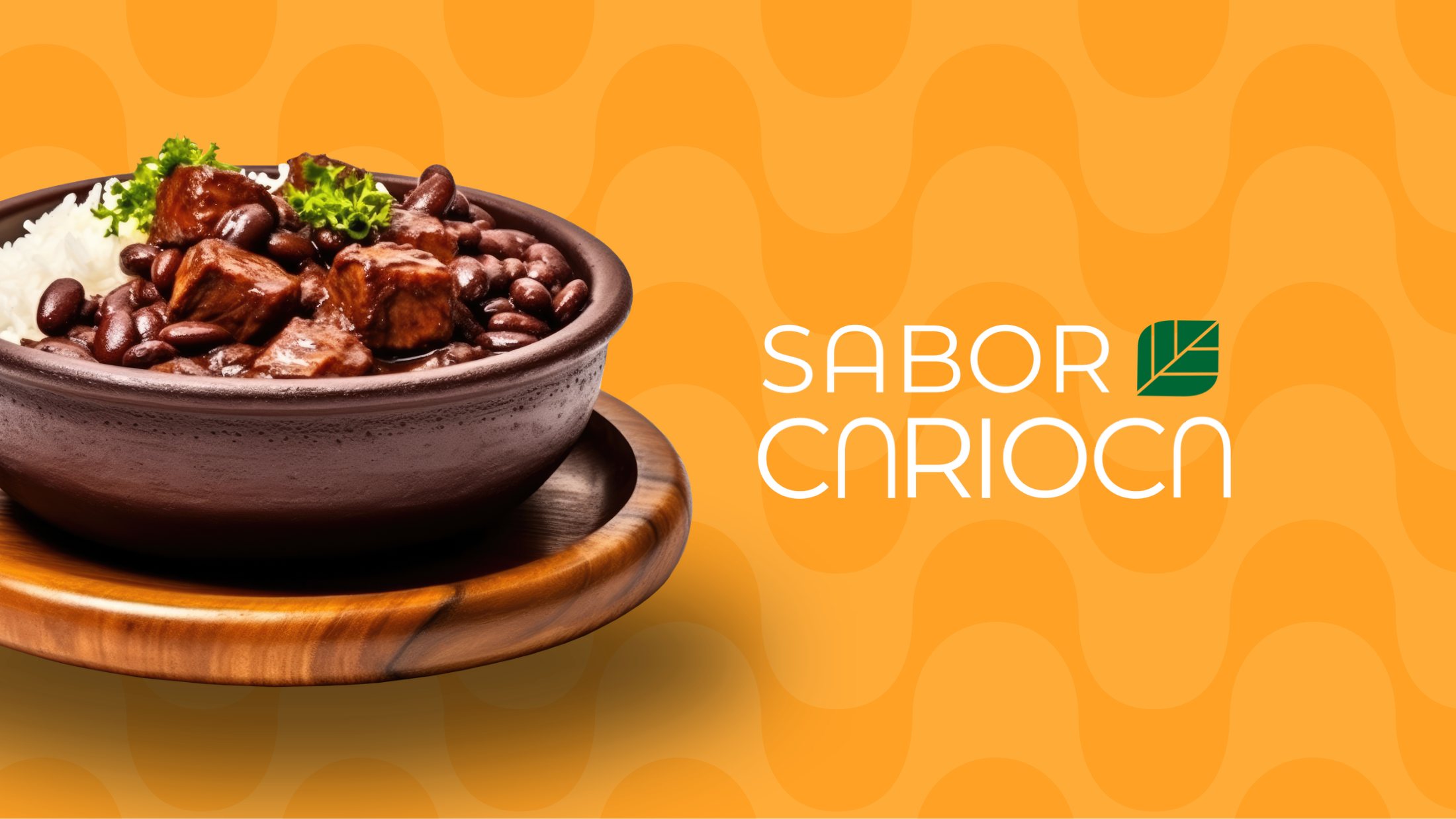 Logo Sabor Carioca em branco sobre fundo laranja, ao lado de uma panela de barro com feijoada